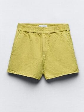 ZARA Linen blend washed effect Shorts - light lime green